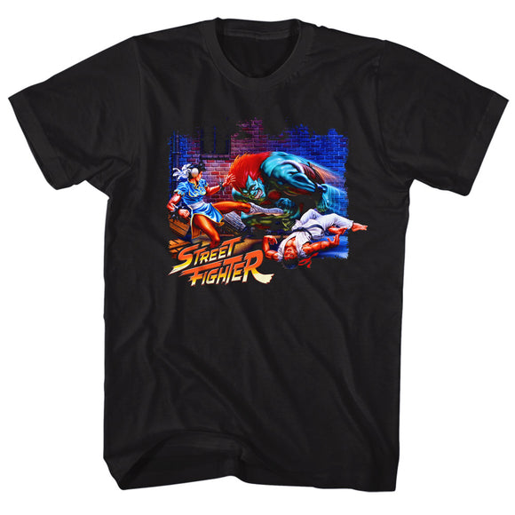 Street Fighter Alley Fight Black T-shirt - Yoga Clothing for You