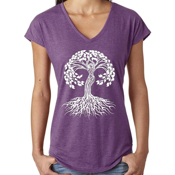 Yoga Clothing for You Women's Celtic Tree of Life V-neck Tee - Heather Aubergine - Yoga Clothing for You