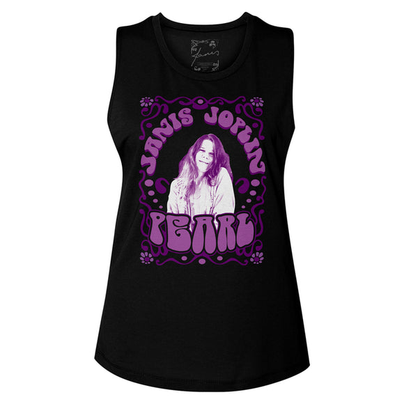 Janis Joplin Pearl Ladies Sleeveless Muscle Black Tank Top