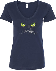 Ladies Halloween T-shirt Black Cat V-Neck - Yoga Clothing for You