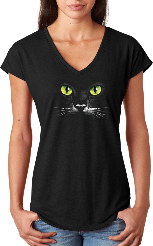 Ladies Halloween T-shirt Black Cat Triblend V-Neck - Yoga Clothing for You