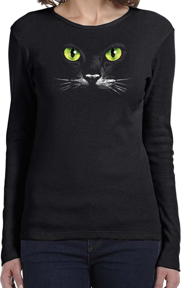 Ladies Halloween T-shirt Black Cat Long Sleeve - Yoga Clothing for You