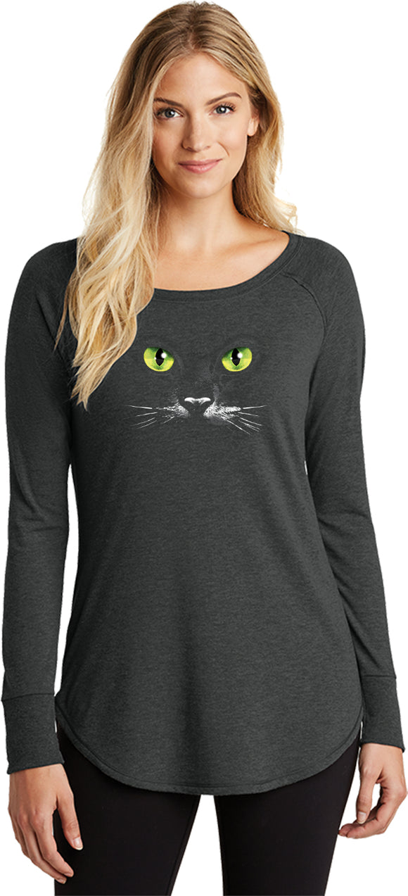 Ladies Halloween T-shirt Black Cat Tri Blend Long Sleeve - Yoga Clothing for You
