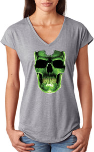 Ladies Halloween T-shirt Glow Bones Triblend V-Neck - Yoga Clothing for You