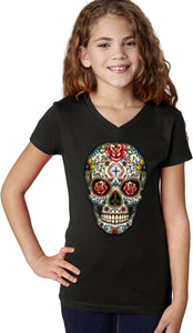 Girls Halloween T-shirt Sugar Skull with Roses V-Neck - Yoga Clothing for You