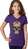 Girls Halloween T-shirt Sugar Skull with Roses V-Neck - Yoga Clothing for You