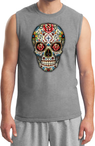 Halloween T-shirt Sugar Skull with Roses Muscle Tee - Yoga Clothing for You