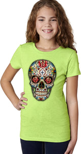 Girls Halloween T-shirt Sugar Skull with Roses - Yoga Clothing for You