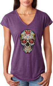 Ladies Halloween T-shirt Sugar Skull with Roses Triblend V-Neck - Yoga Clothing for You