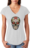 Ladies Halloween T-shirt Sugar Skull with Roses Triblend V-Neck - Yoga Clothing for You
