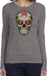Ladies Halloween T-shirt Sugar Skull with Roses Long Sleeve - Yoga Clothing for You