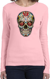Ladies Halloween T-shirt Sugar Skull with Roses Long Sleeve - Yoga Clothing for You