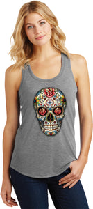 Ladies Halloween Tank Top Sugar Skull with Roses Racerback - Yoga Clothing for You