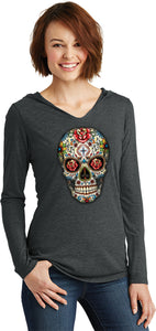 Ladies Halloween T-shirt Sugar Skull with Roses Tri Blend Hoodie - Yoga Clothing for You