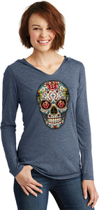 Ladies Halloween T-shirt Sugar Skull with Roses Tri Blend Hoodie - Yoga Clothing for You