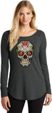 Ladies Halloween T-shirt Sugar Skull with Roses Tri Blend Long Sleeve - Yoga Clothing for You