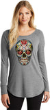 Ladies Halloween T-shirt Sugar Skull with Roses Tri Blend Long Sleeve - Yoga Clothing for You