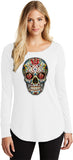 Ladies Halloween T-shirt Sugar Skull with Roses Tri Blend Long Sleeve - Yoga Clothing for You