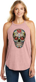 Ladies Halloween Tank Top Sugar Skull with Roses Tri Rocker Tanktop - Yoga Clothing for You