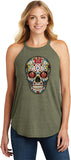 Ladies Halloween Tank Top Sugar Skull with Roses Tri Rocker Tanktop - Yoga Clothing for You