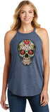 Ladies Halloween Tank Top Sugar Skull with Roses Tri Rocker Tanktop - Yoga Clothing for You