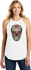 Ladies Halloween Tank Top Sugar Skull with Roses Tri Rocker Tanktop - Yoga Clothing for You