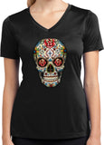 Ladies Halloween T-shirt Sugar Skull with Roses Moisture Wicking V-Neck - Yoga Clothing for You