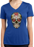 Ladies Halloween T-shirt Sugar Skull with Roses Moisture Wicking V-Neck - Yoga Clothing for You