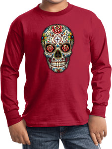 Kids Halloween T-shirt Sugar Skull with Roses Youth Long Sleeve - Yoga Clothing for You