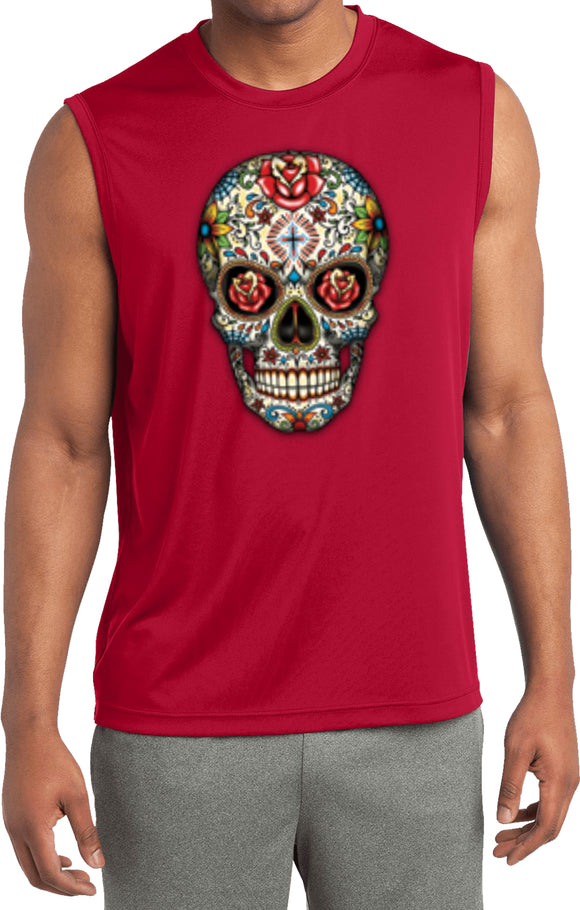 Halloween T-shirt Sugar Skull with Roses Sleeveless Competitor Tee - Yoga Clothing for You
