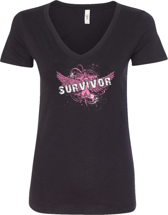 Ladies Breast Cancer T-shirt Survivor Wings V-Neck - Yoga Clothing for You