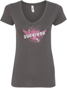 Ladies Breast Cancer T-shirt Survivor Wings V-Neck - Yoga Clothing for You