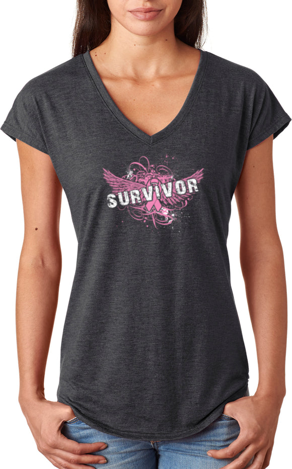 Ladies Breast Cancer T-shirt Survivor Wings Triblend V-Neck - Yoga Clothing for You