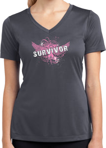 Ladies Breast Cancer T-shirt Survivor Wings Dry Wicking V-Neck - Yoga Clothing for You