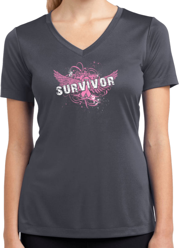 Ladies Breast Cancer T-shirt Survivor Wings Dry Wicking V-Neck - Yoga Clothing for You