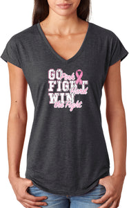 Ladies Breast Cancer T-shirt Go Fight Win Triblend V-Neck - Yoga Clothing for You