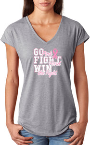 Ladies Breast Cancer T-shirt Go Fight Win Triblend V-Neck - Yoga Clothing for You