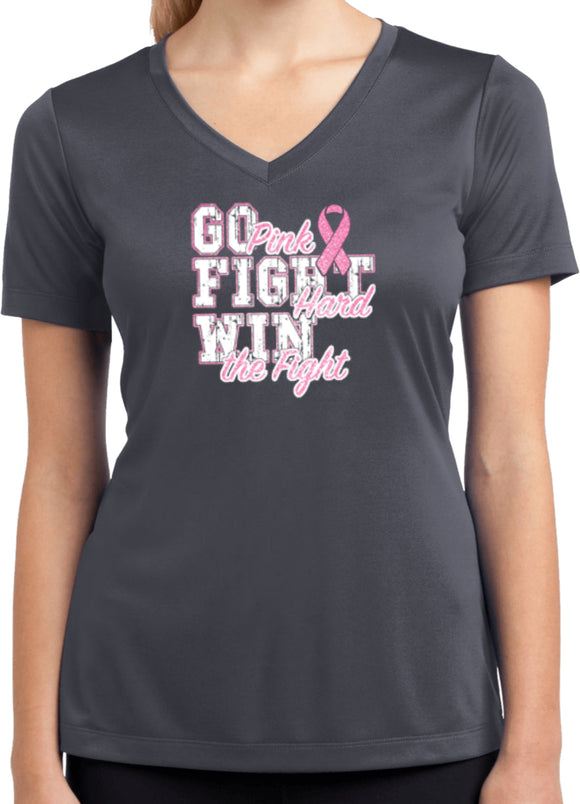Ladies Breast Cancer T-shirt Go Fight Win Moisture Wicking V-Neck - Yoga Clothing for You