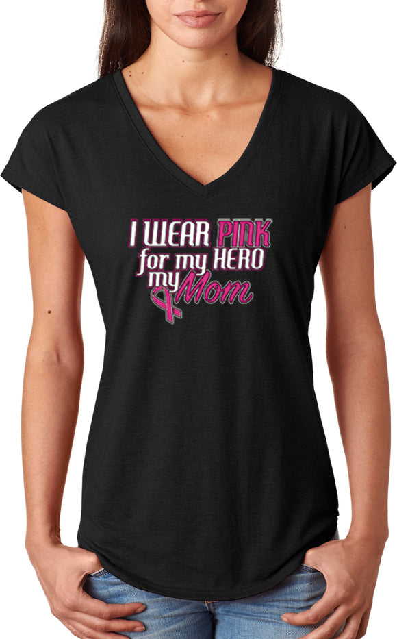 Ladies Breast Cancer T-shirt Pink For My Hero Triblend V-Neck - Yoga Clothing for You