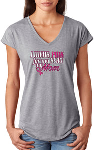Ladies Breast Cancer T-shirt Pink For My Hero Triblend V-Neck - Yoga Clothing for You