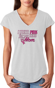 Ladies Breast Cancer T-shirt Pink For My Hero Triblend V-Neck - Yoga Clothing for You