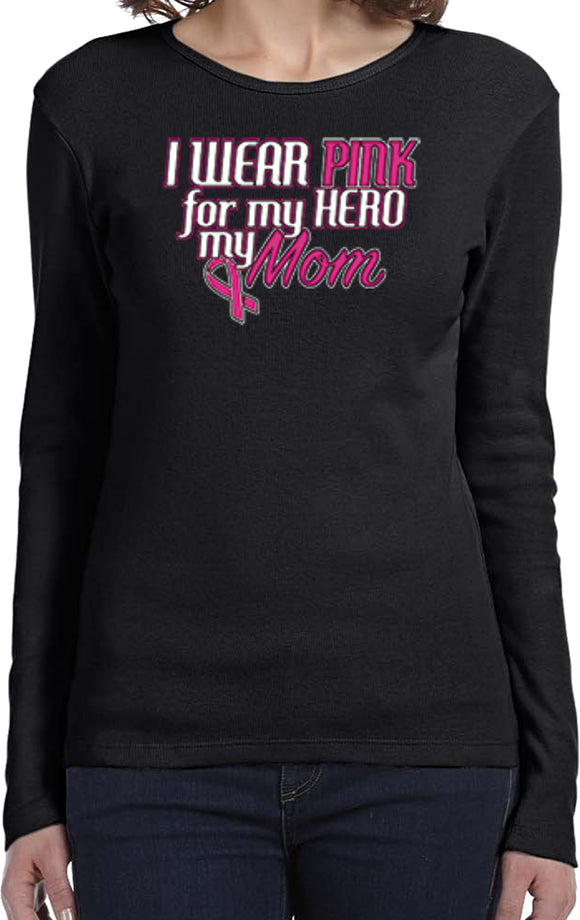 Ladies Breast Cancer T-shirt Pink For My Hero Long Sleeve - Yoga Clothing for You