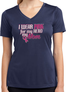 Ladies Breast Cancer T-shirt Pink For My Hero Dry Wicking V-Neck - Yoga Clothing for You