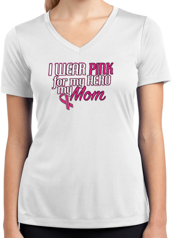 Ladies Breast Cancer T-shirt Pink For My Hero Dry Wicking V-Neck - Yoga Clothing for You
