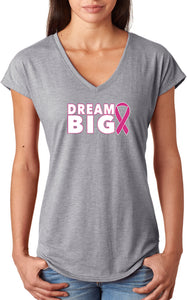 Ladies Breast Cancer Awareness T-shirt Dream Big Triblend V-Neck - Yoga Clothing for You