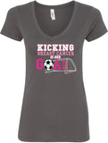 Ladies Breast Cancer T-shirt Kicking Cancer is Our Goal V-Neck - Yoga Clothing for You