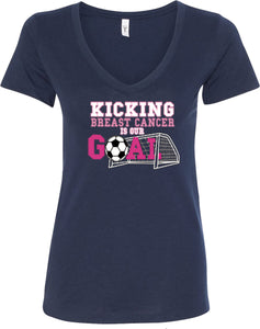 Ladies Breast Cancer T-shirt Kicking Cancer is Our Goal V-Neck - Yoga Clothing for You