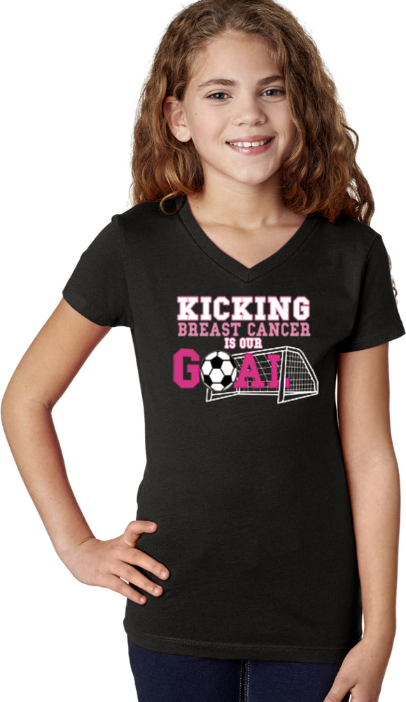Girls Breast Cancer T-shirt Kicking Cancer is Our Goal V-Neck - Yoga Clothing for You