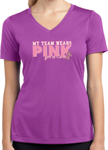 Ladies Breast Cancer Shirt My Team Wears Pink Dry Wicking V-Neck - Yoga Clothing for You