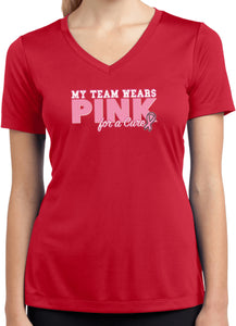 Ladies Breast Cancer Shirt My Team Wears Pink Dry Wicking V-Neck - Yoga Clothing for You